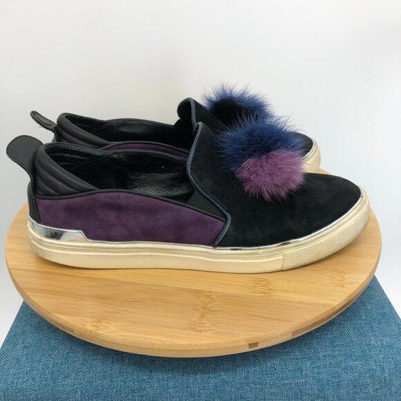 The Wishbone Collection Black and purple suede Pom Pom slip  on sneakers size 9 - Picture 8 of 16